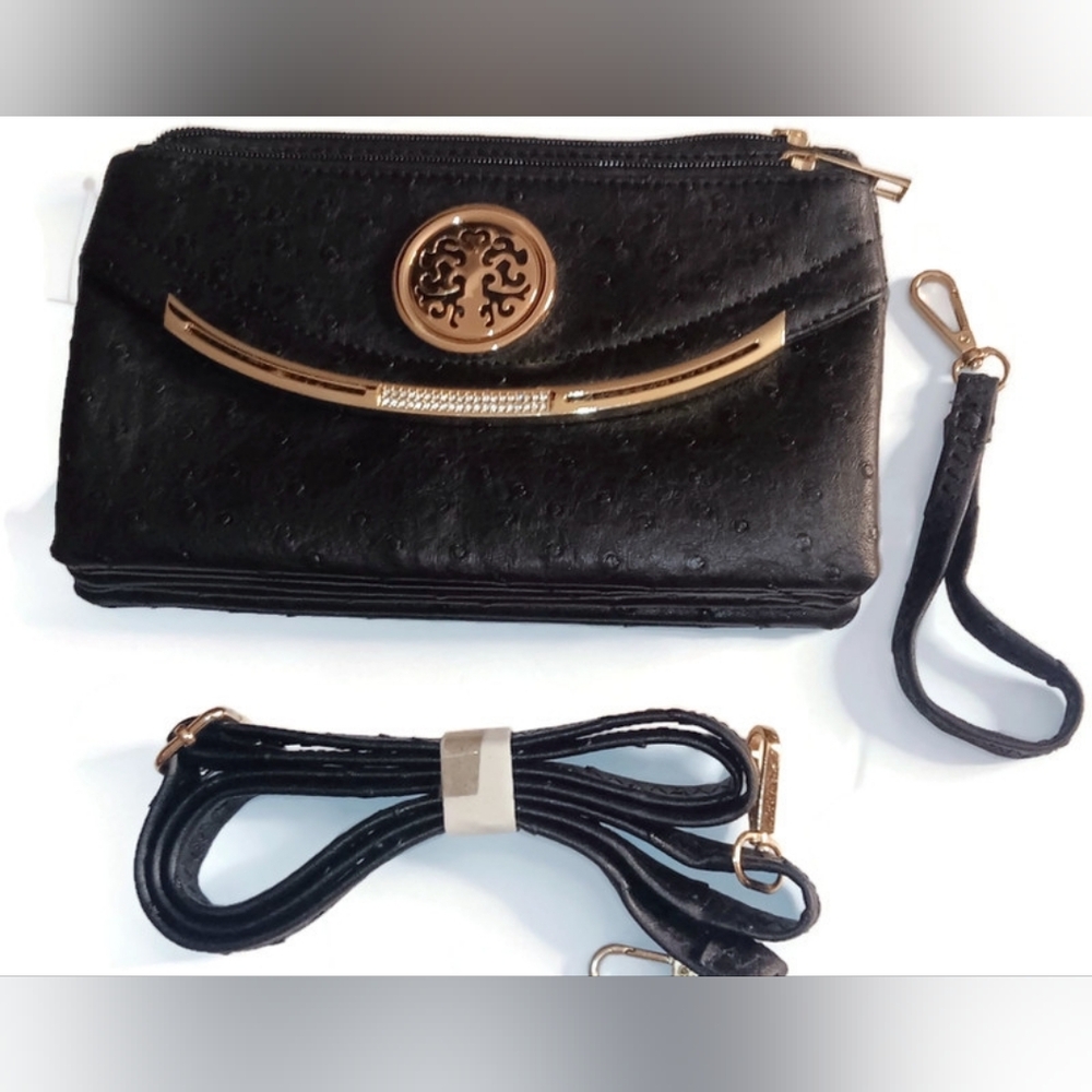 Women's Ostrich Crossbody/Wristlet Bag, Black - Picture 2 of 7